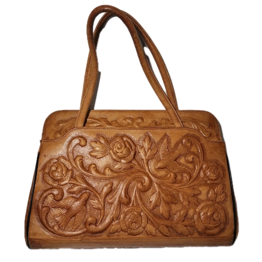 Vintage Tooled Leather Purse Handbag Satchel Mont Amur Mexico Double Handle Rose